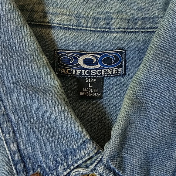Pacific scene blue denim button front short sleeve - Picture 6 of 8